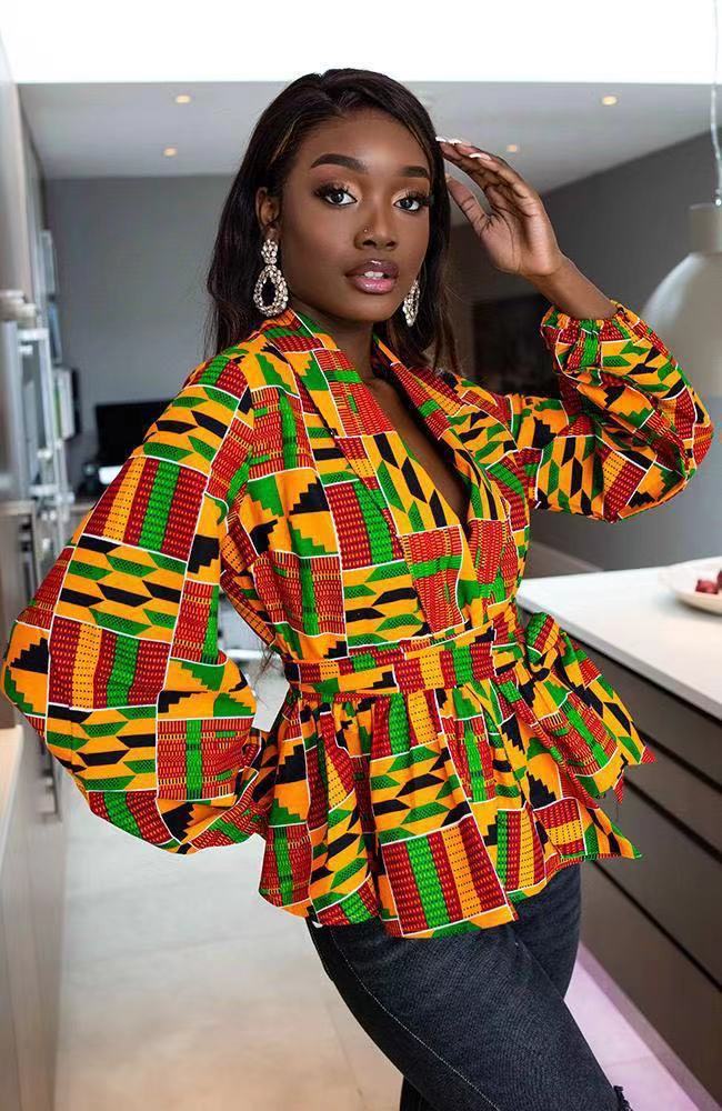 African Clothes for Women 2021 Summer African Women V-neck Polyester Printing Long Sleeve T-shirt Women Top African Clothing