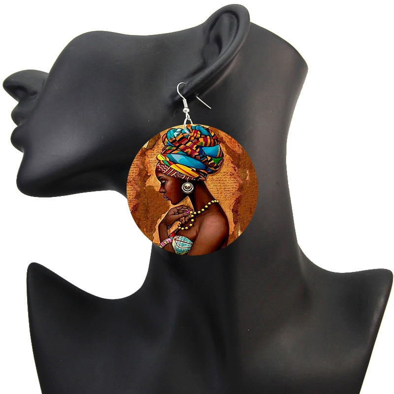 SOMESOOR Vinatge African Headwrap Woman Wood Drop Earrings Afrocentric Ethnic Boths Side Painting Jewelry For Blacks Gifts 1Pair