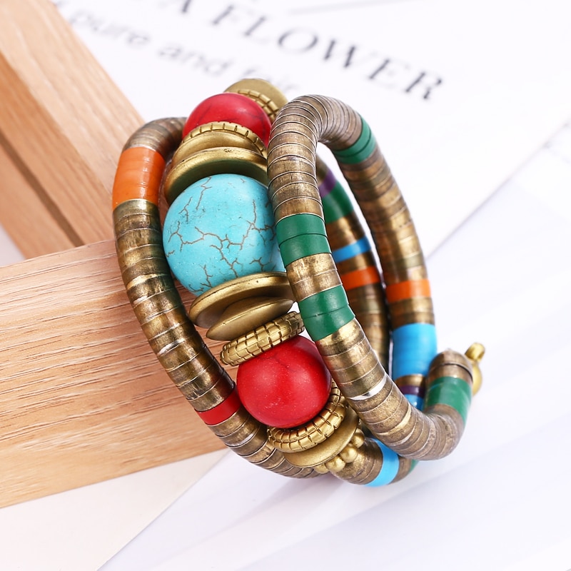 HOCOLE 2019 New Fashion Natural Stone Colorful Snake Bangle Bracelets For Women Vintage Multilayer Metal Bracelet Jewelry Indian