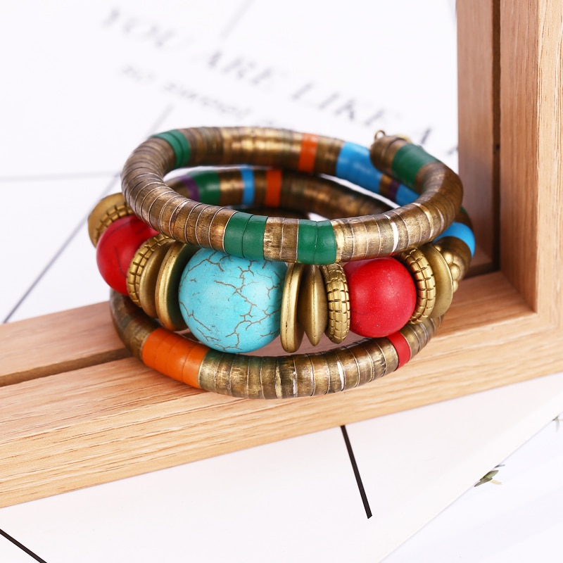 HOCOLE 2019 New Fashion Natural Stone Colorful Snake Bangle Bracelets For Women Vintage Multilayer Metal Bracelet Jewelry Indian