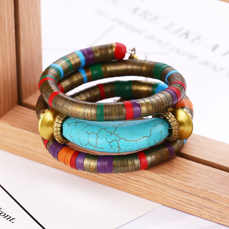 HOCOLE 2019 New Fashion Natural Stone Colorful Snake Bangle Bracelets For Women Vintage Multilayer Metal Bracelet Jewelry Indian