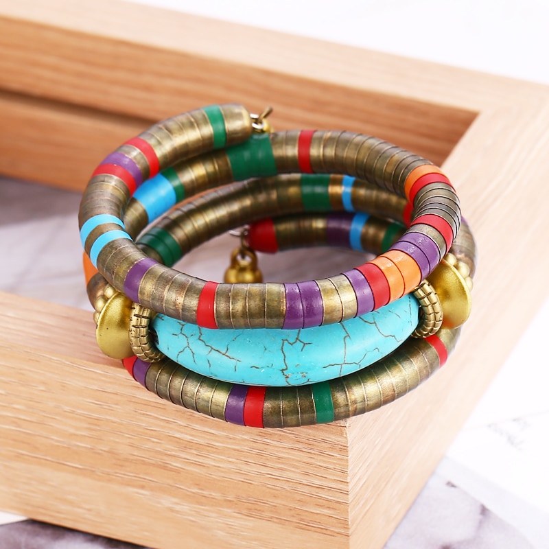 HOCOLE 2019 New Fashion Natural Stone Colorful Snake Bangle Bracelets For Women Vintage Multilayer Metal Bracelet Jewelry Indian