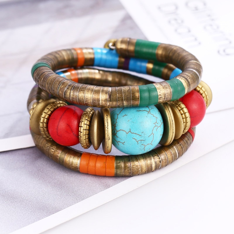 HOCOLE 2019 New Fashion Natural Stone Colorful Snake Bangle Bracelets For Women Vintage Multilayer Metal Bracelet Jewelry Indian