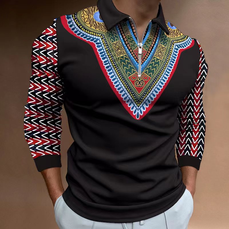 Autumn 2022 African Print Long Sleeve Polo Shirt Men's casual retro ethnic clothing in European size S-3XL