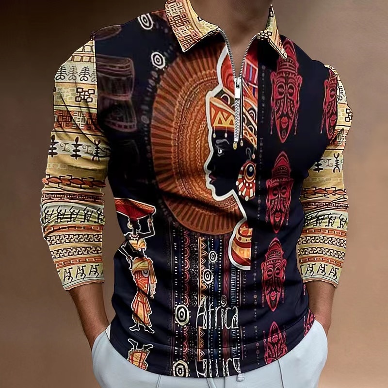 Autumn 2022 African Print Long Sleeve Polo Shirt Men's casual retro ethnic clothing in European size S-3XL