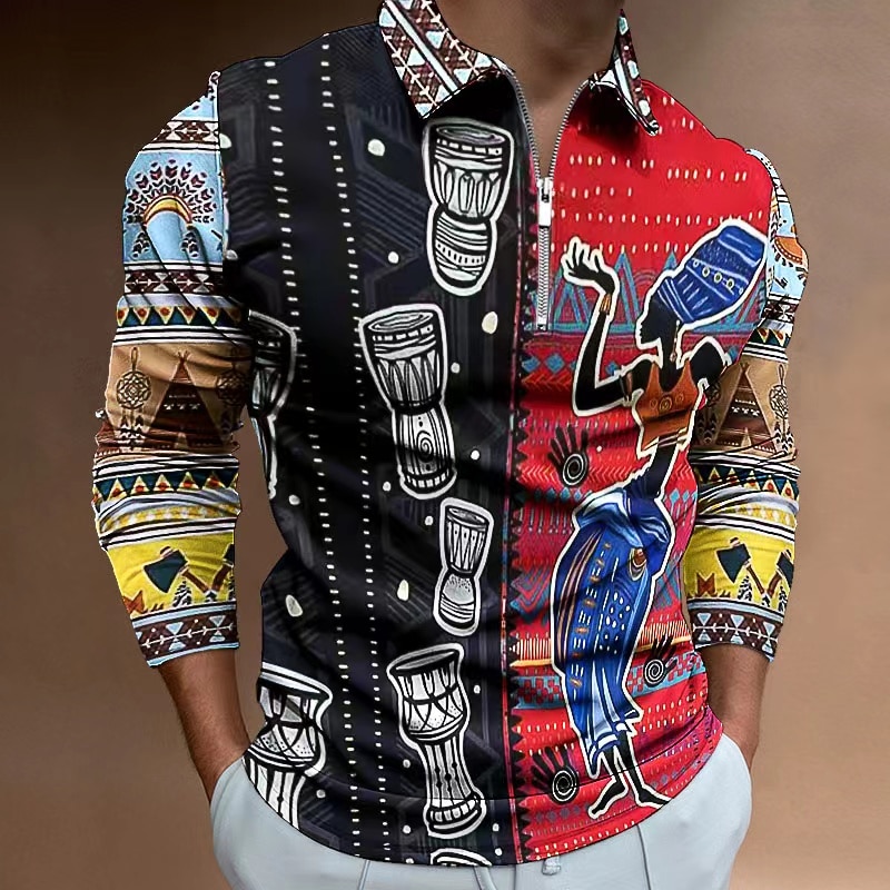 Autumn 2022 African Print Long Sleeve Polo Shirt Men's casual retro ethnic clothing in European size S-3XL