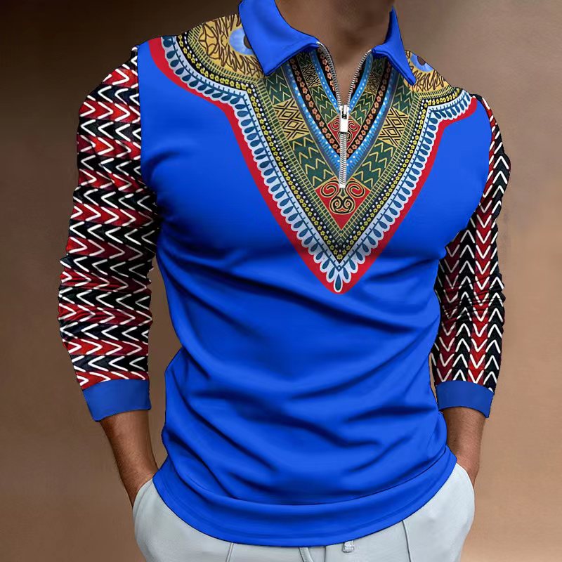 Autumn 2022 African Print Long Sleeve Polo Shirt Men's casual retro ethnic clothing in European size S-3XL