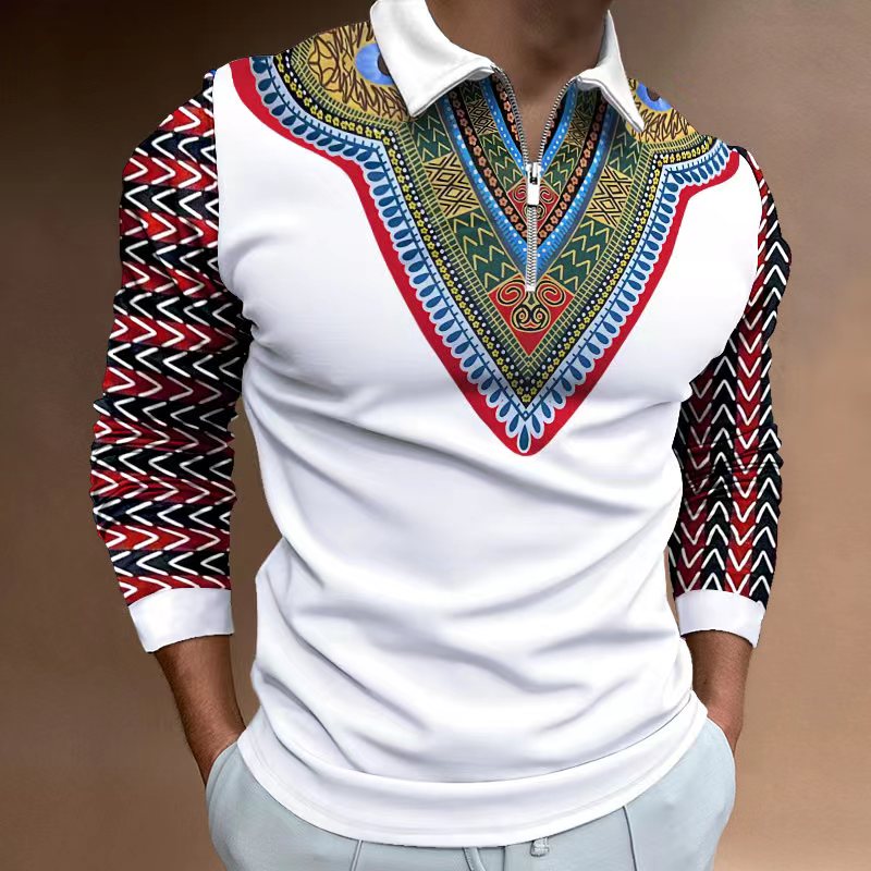 Autumn 2022 African Print Long Sleeve Polo Shirt Men's casual retro ethnic clothing in European size S-3XL