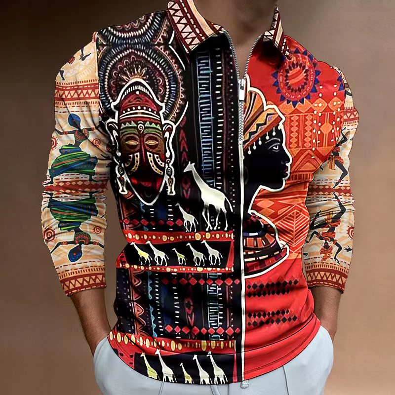 Autumn 2022 African Print Long Sleeve Polo Shirt Men's casual retro ethnic clothing in European size S-3XL