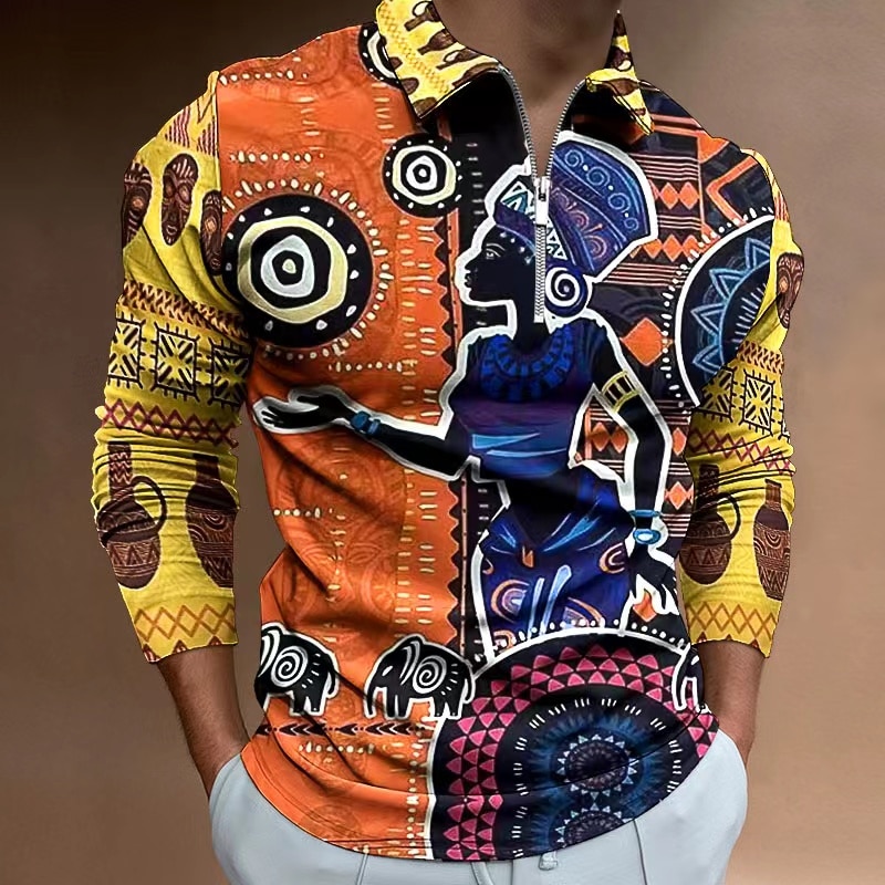 Autumn 2022 African Print Long Sleeve Polo Shirt Men's casual retro ethnic clothing in European size S-3XL