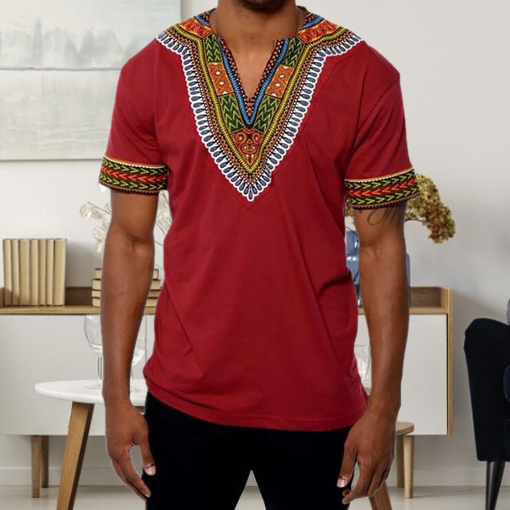 African traditional clothing for men dashiki summer t shirt Short Sleeve V Neck t-shirt male ethnic africa clothes Round Neck