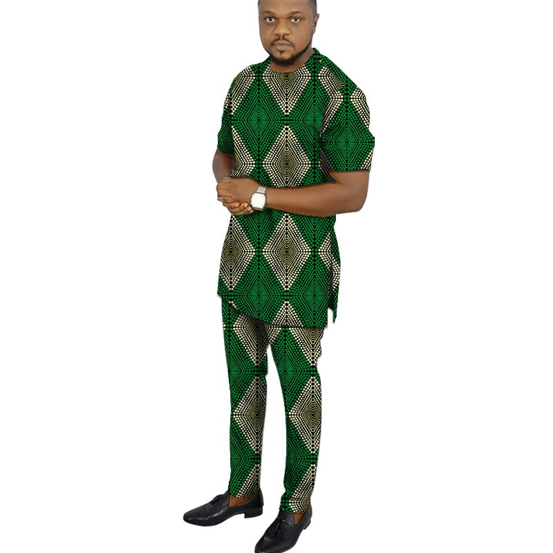 African clothing men's print short sleeve shirt with trouser Ankara fashion pant sets customize wedding male formal outfits