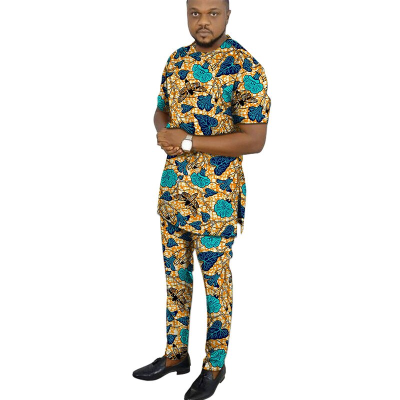 African clothing men's print short sleeve shirt with trouser Ankara fashion pant sets customize wedding male formal outfits