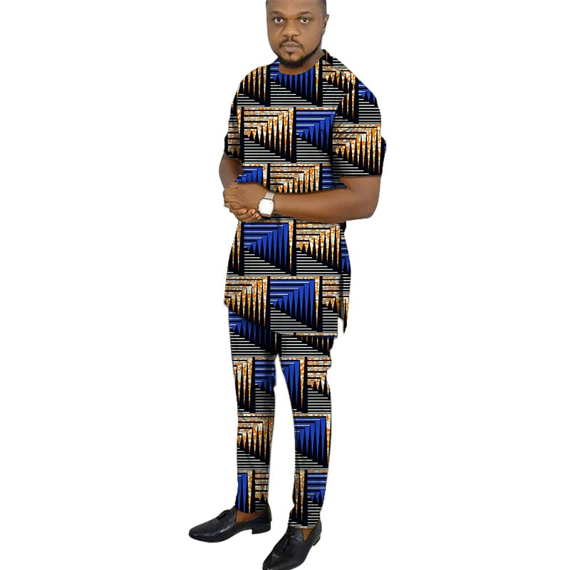 African clothing men's print short sleeve shirt with trouser Ankara fashion pant sets customize wedding male formal outfits