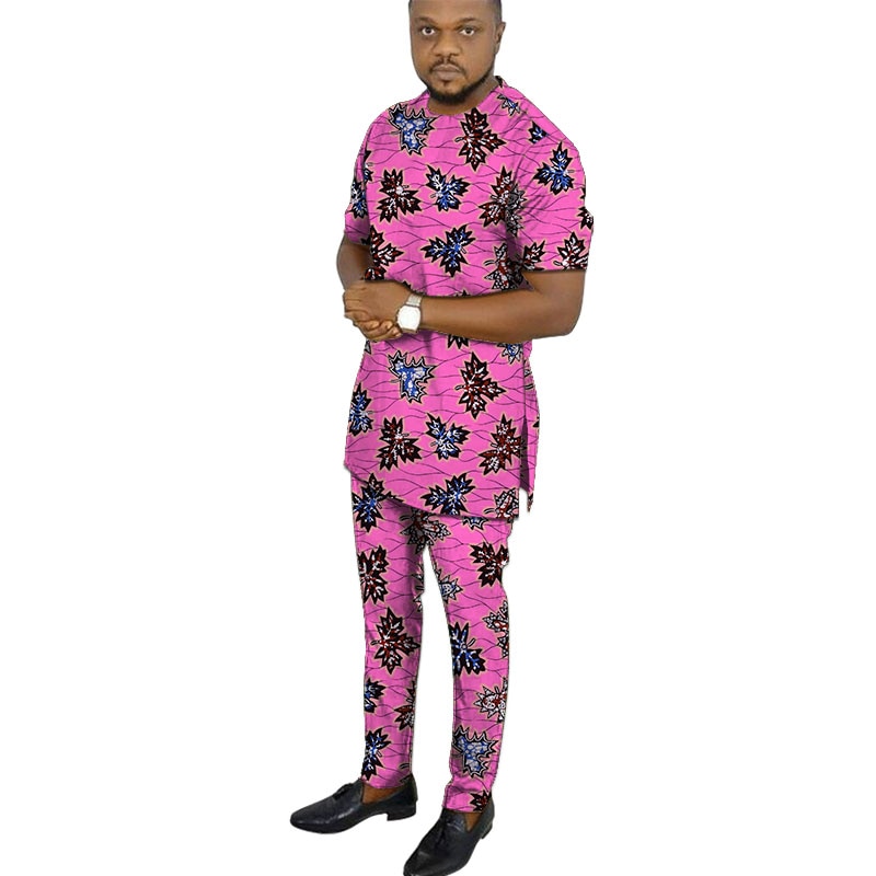 African clothing men's print short sleeve shirt with trouser Ankara fashion pant sets customize wedding male formal outfits