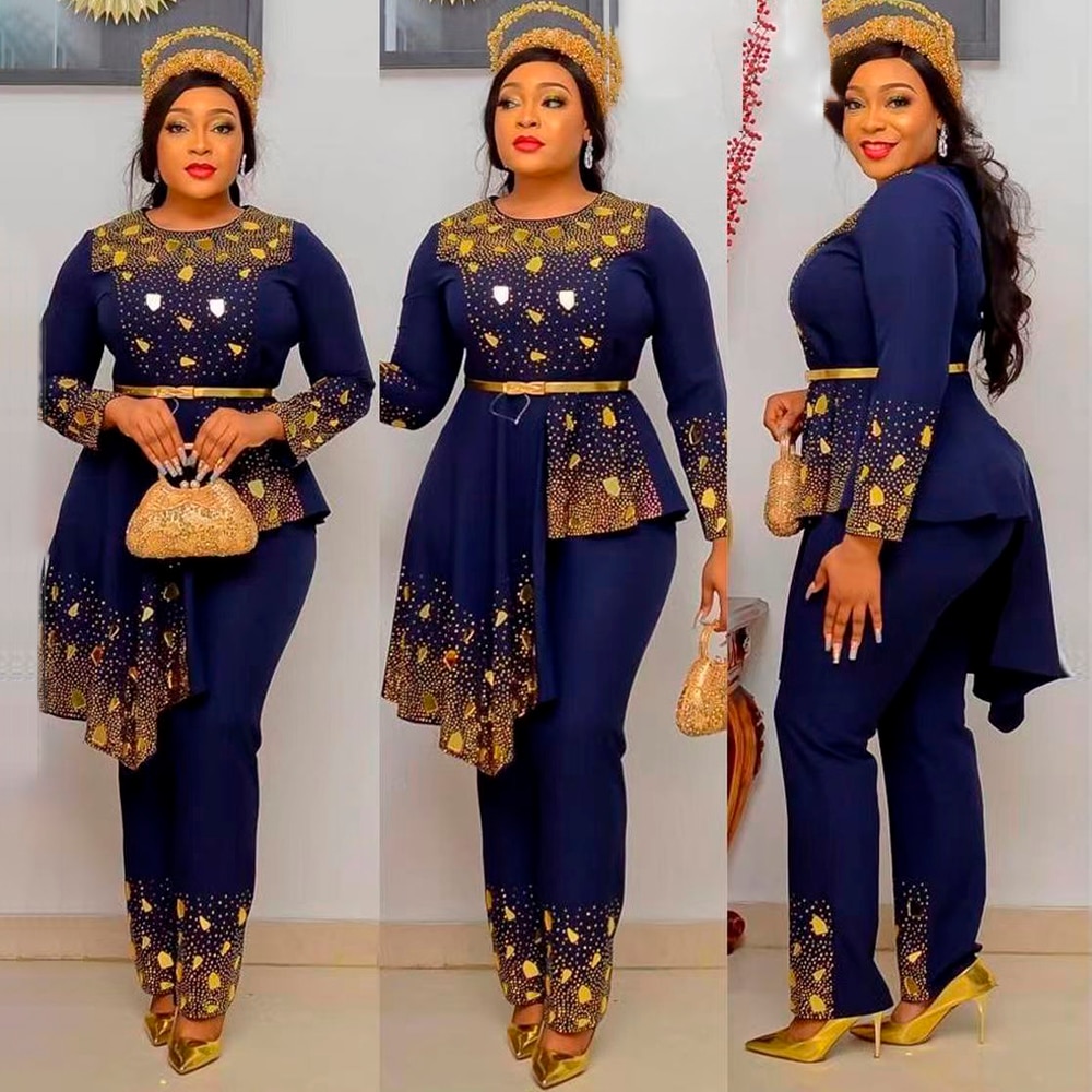 MD Plus Size Women Chiffon Clothing Two Piece Set African Ankara Dashiki Tops Pants Suit Dubai Turkey Wear Vetements Kaftan Robe