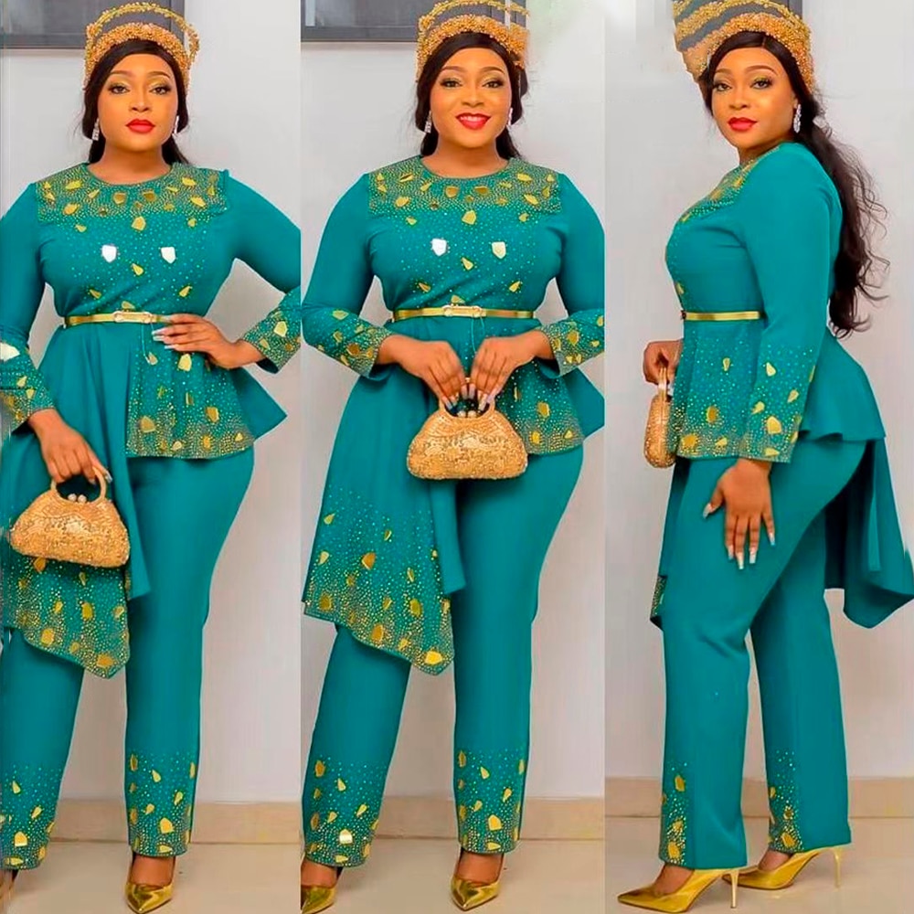 MD Plus Size Women Chiffon Clothing Two Piece Set African Ankara Dashiki Tops Pants Suit Dubai Turkey Wear Vetements Kaftan Robe