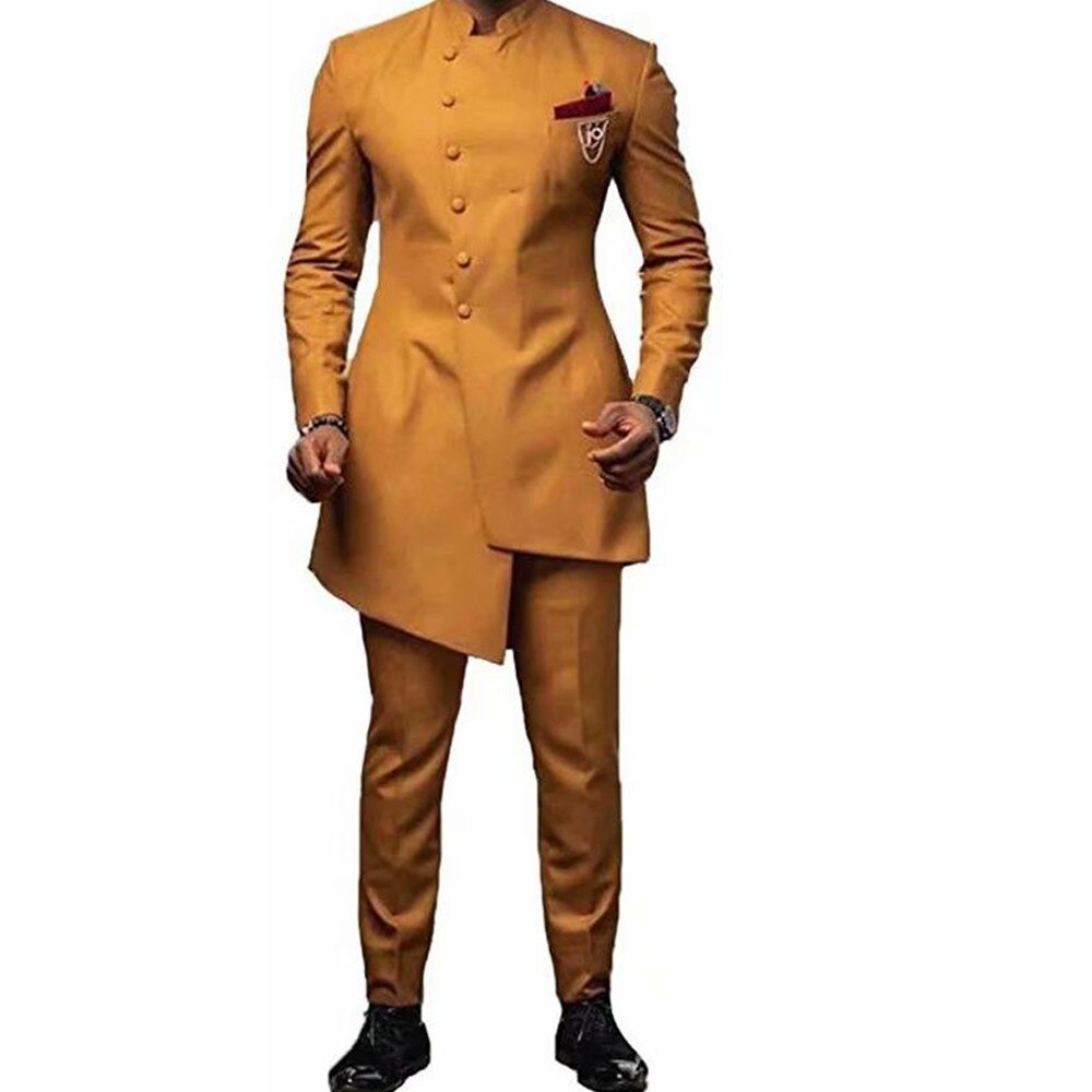 African Men Suit Stand Collar Long Coat Pant Costume Homme Mariage robes de soirée mariage 2 Piece Formal Suit Men Slim Fit