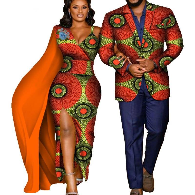 Bintarealwax African Print Clothes for Couple Dashiki Elegant Women Party Dresses Plus Size Men Jacket African Clothing WYQ635