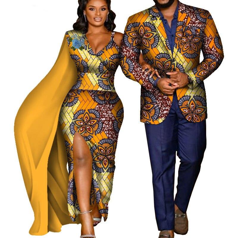 Bintarealwax African Print Clothes for Couple Dashiki Elegant Women Party Dresses Plus Size Men Jacket African Clothing WYQ635