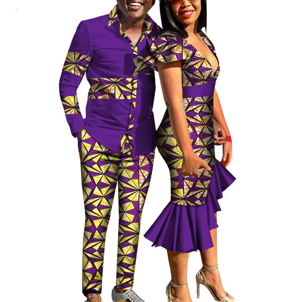 African Clothes for Couple Dashiki Mens Suit and Lady V-neck Ruffle Dresses Fashion Lovers Print Dashiki African Clothing WYQ454