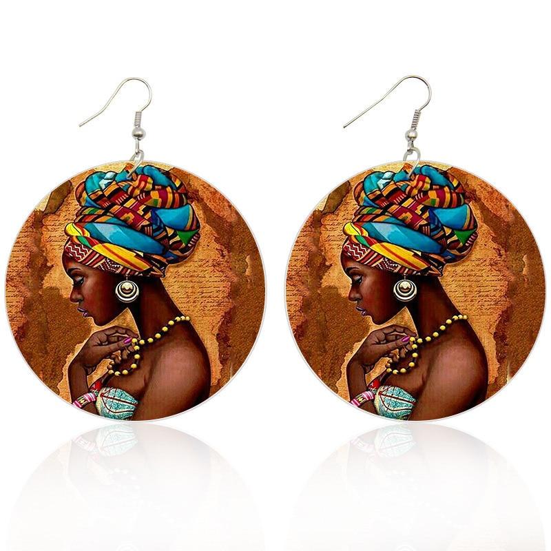 SOMESOOR Vinatge African Headwrap Woman Wood Drop Earrings Afrocentric Ethnic Boths Side Painting Jewelry For Blacks Gifts 1Pair