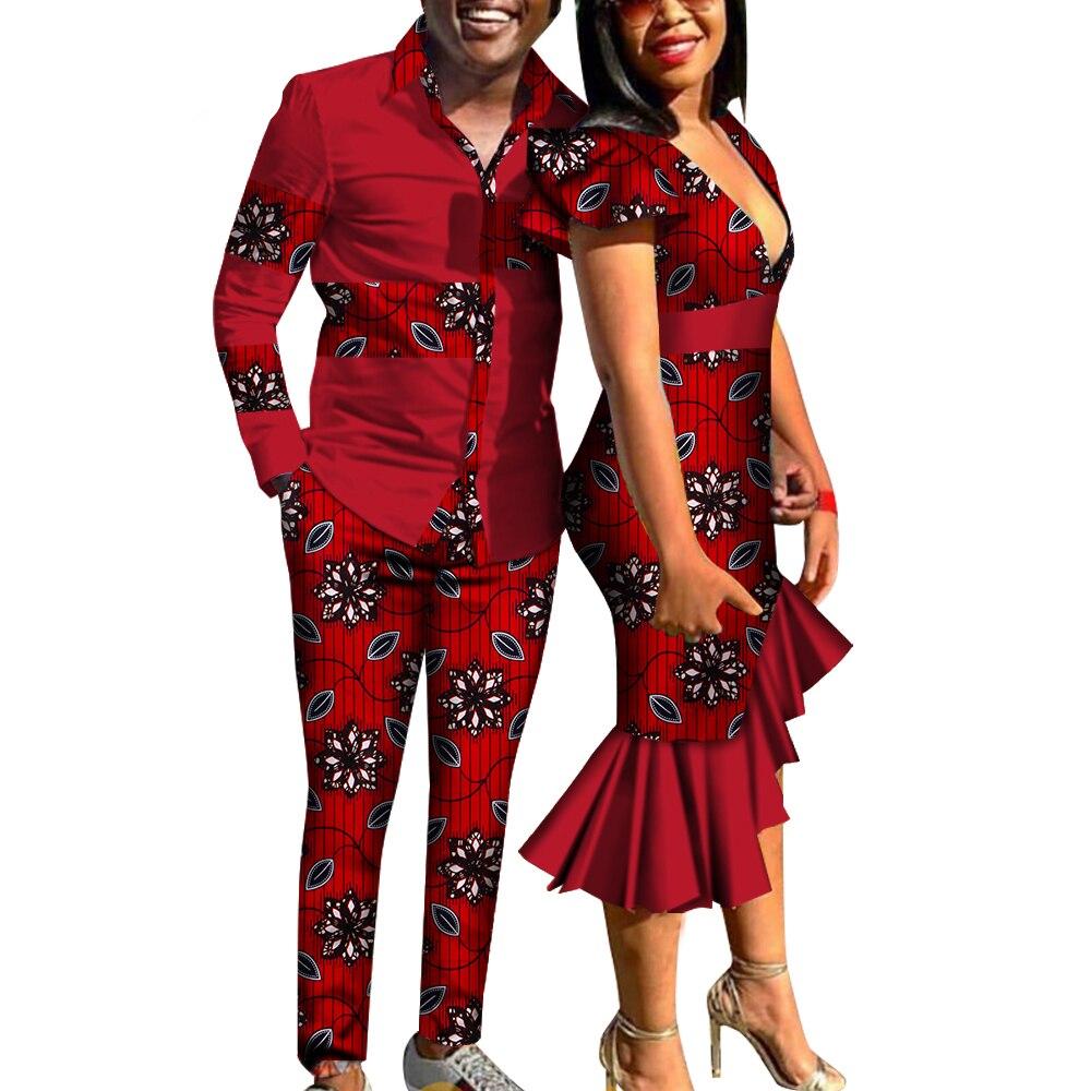 African Clothes for Couple Dashiki Mens Suit and Lady V-neck Ruffle Dresses Fashion Lovers Print Dashiki African Clothing WYQ454