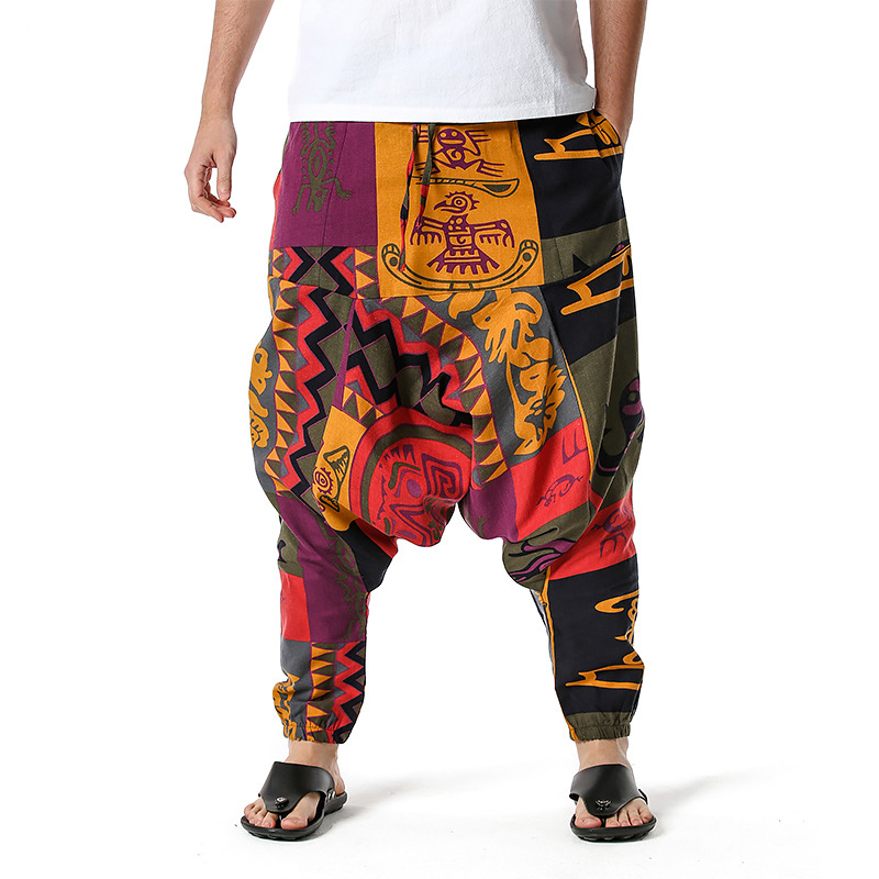 African Traditional Men's Women's Cotton Harun Yoga Loose Spirit Bohemian Hanging Crotch Pants Flying Mouse Hip Hop Pants S-3XL