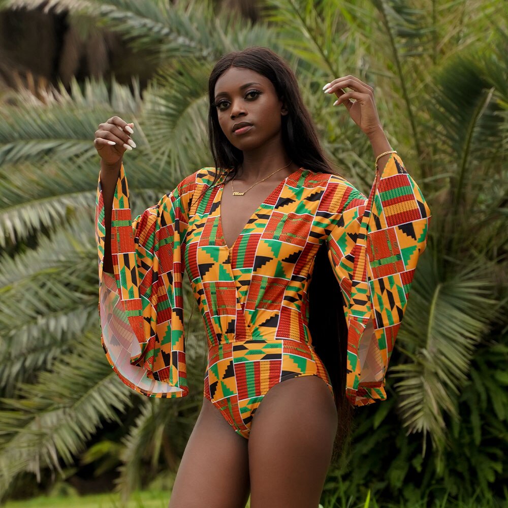 2022 New African Style Monokini Sexy V-Neck Swimsuit Kente Printed Women Fashion Long Sleeve Beach Swimwear