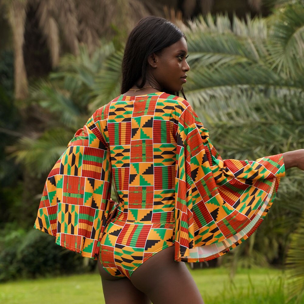 2022 New African Style Monokini Sexy V-Neck Swimsuit Kente Printed Women Fashion Long Sleeve Beach Swimwear