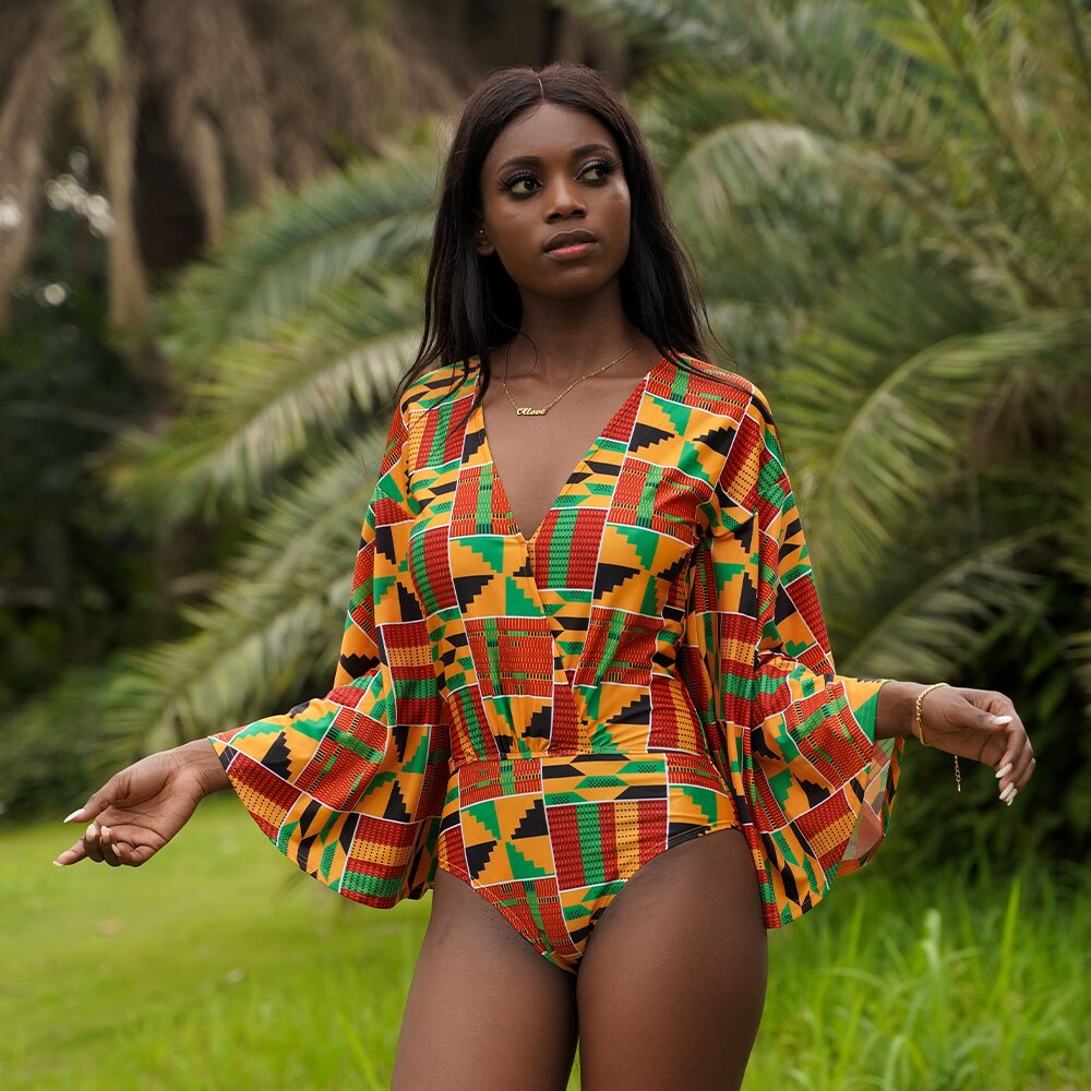 2022 New African Style Monokini Sexy V-Neck Swimsuit Kente Printed Women Fashion Long Sleeve Beach Swimwear