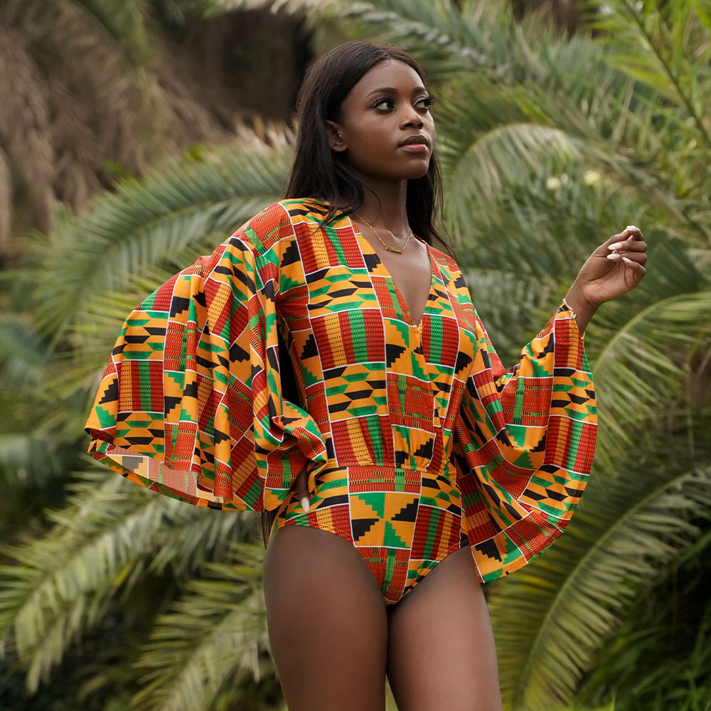 2022 New African Style Monokini Sexy V-Neck Swimsuit Kente Printed Women Fashion Long Sleeve Beach Swimwear