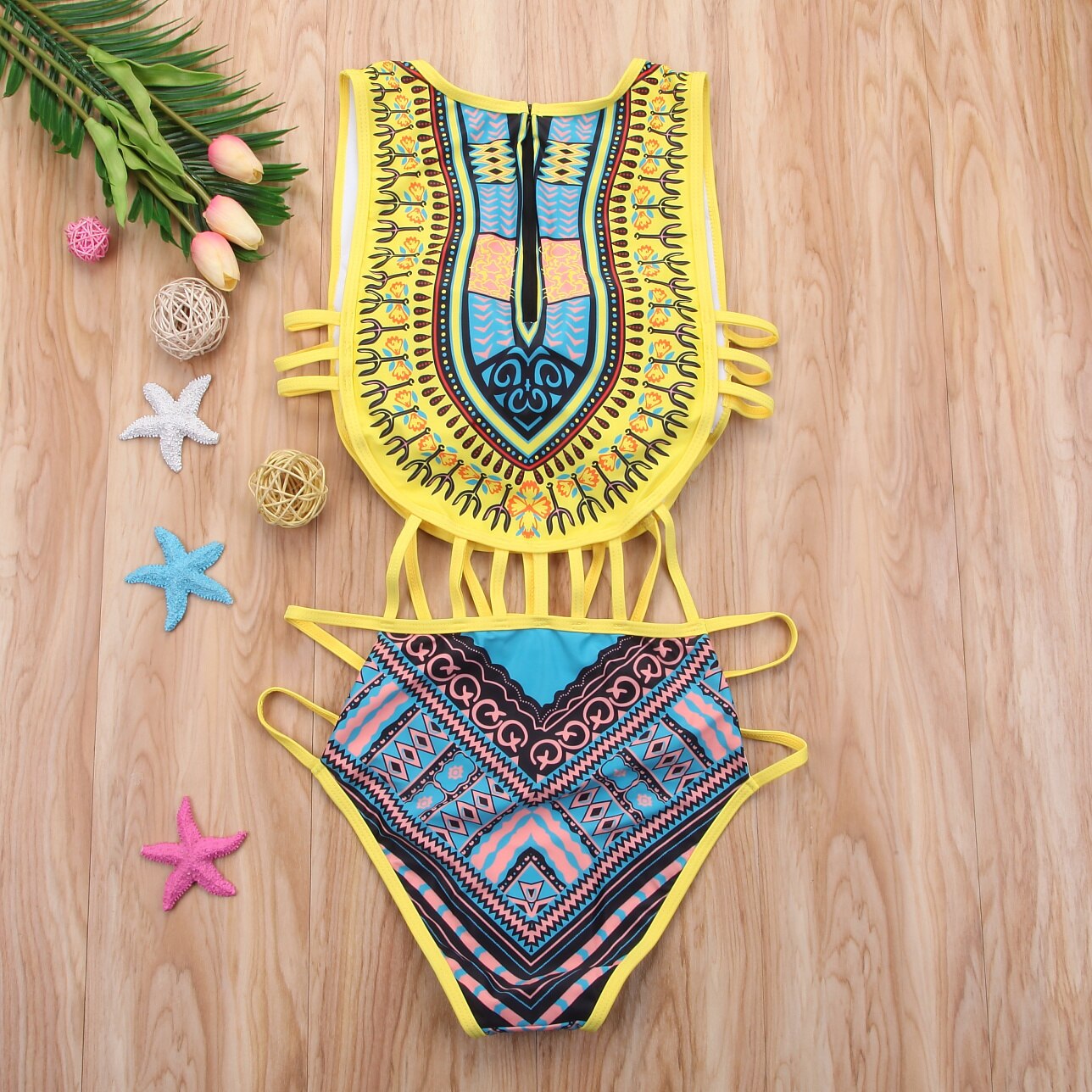 Sexy Women Ethnic Floral Swimsuit African Bathing Suit High Waist Printed Cover Up Bikini Set Bathers Swimwear Beachwear