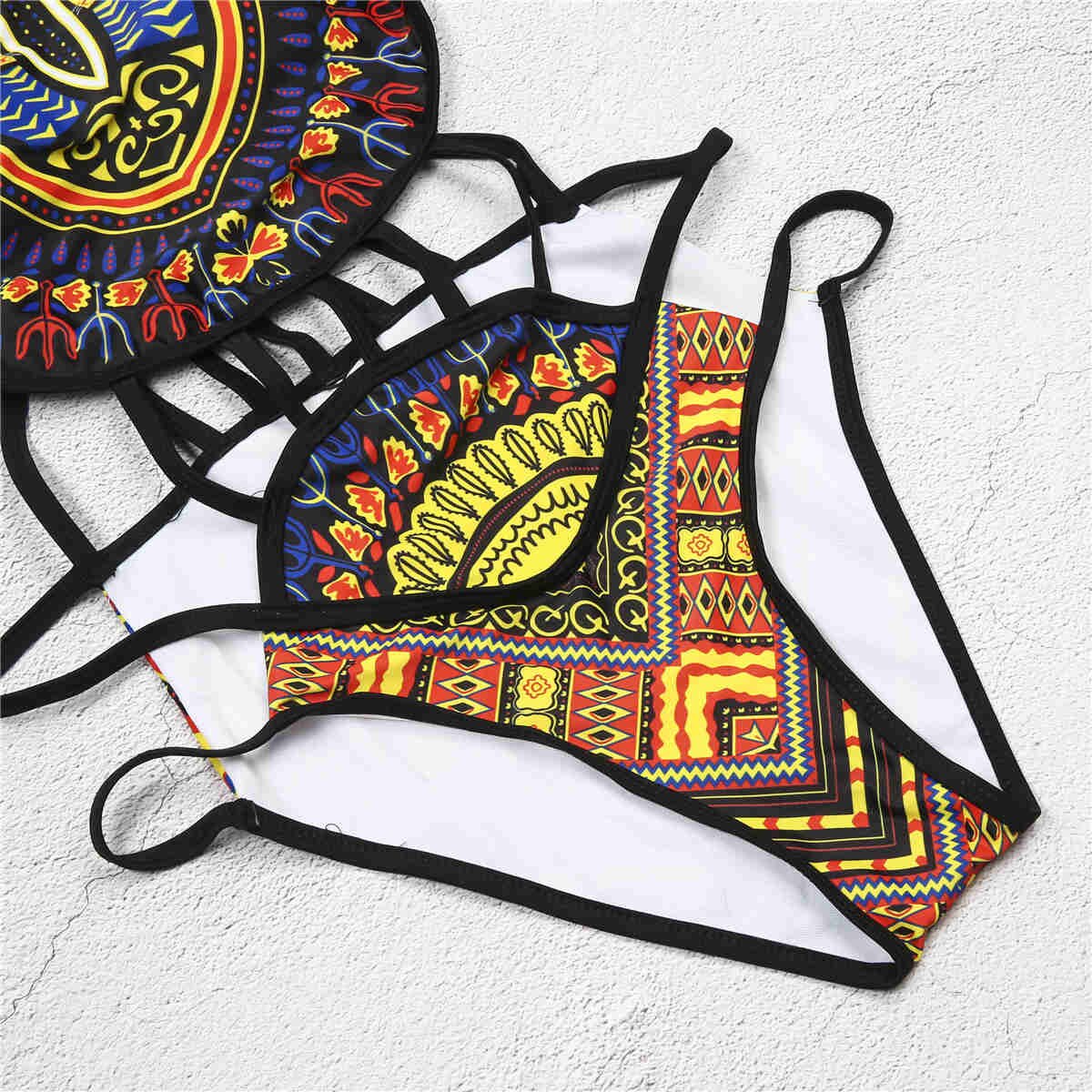 Sexy Women Ethnic Floral Swimsuit African Bathing Suit High Waist Printed Cover Up Bikini Set Bathers Swimwear Beachwear