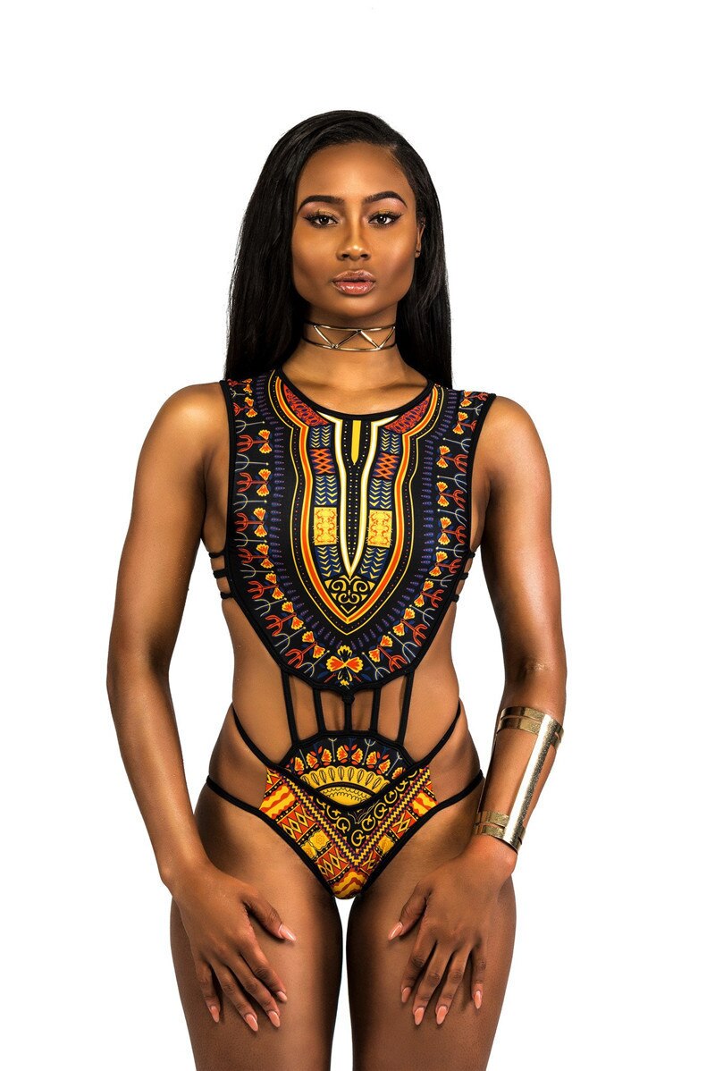 Sexy Women Ethnic Floral Swimsuit African Bathing Suit High Waist Printed Cover Up Bikini Set Bathers Swimwear Beachwear