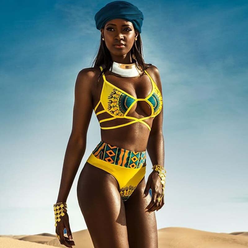 African Print Bathing Suit Swimwear Women 2021 New Sexy Swimsuit Yellow Bikini Tribal High Waist Bikini Set Maillot De Bain