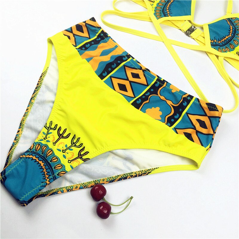 African Print Bathing Suit Swimwear Women 2021 New Sexy Swimsuit Yellow Bikini Tribal High Waist Bikini Set Maillot De Bain