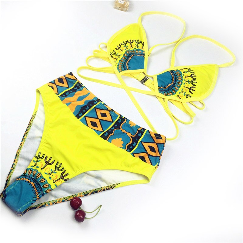 African Print Bathing Suit Swimwear Women 2021 New Sexy Swimsuit Yellow Bikini Tribal High Waist Bikini Set Maillot De Bain