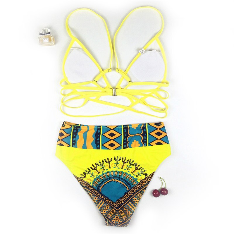 African Print Bathing Suit Swimwear Women 2021 New Sexy Swimsuit Yellow Bikini Tribal High Waist Bikini Set Maillot De Bain