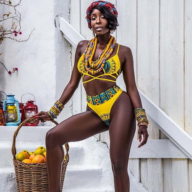 African Print Bathing Suit Swimwear Women 2021 New Sexy Swimsuit Yellow Bikini Tribal High Waist Bikini Set Maillot De Bain