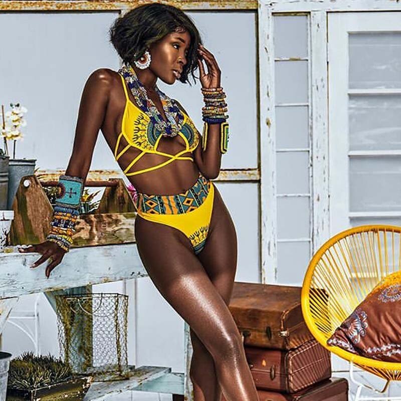 African Print Bathing Suit Swimwear Women 2021 New Sexy Swimsuit Yellow Bikini Tribal High Waist Bikini Set Maillot De Bain