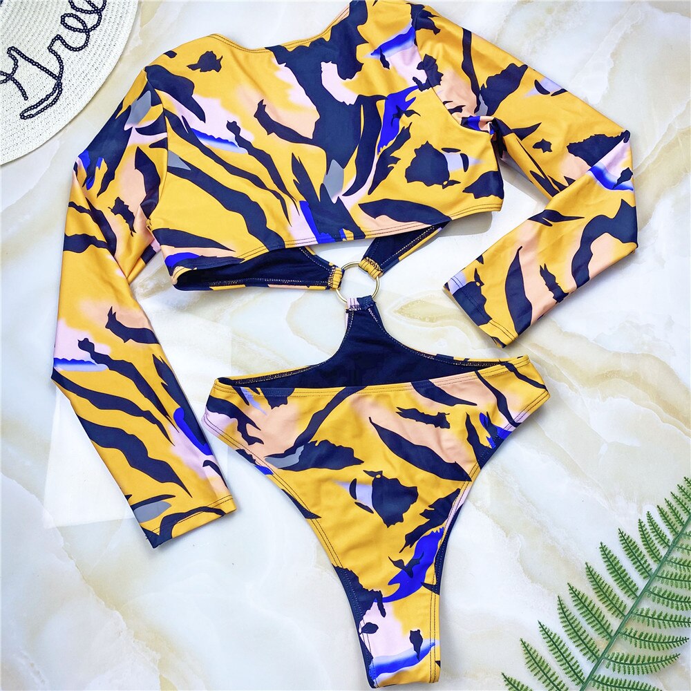 African Print Long Sleeves Monokini Summer Plunge One Piece Swimsuit Cut Out Bodysuit Ring Bathing Suit Womens Swimwear Maillot