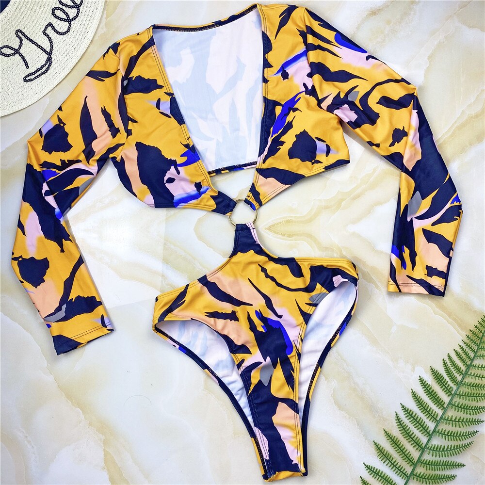 African Print Long Sleeves Monokini Summer Plunge One Piece Swimsuit Cut Out Bodysuit Ring Bathing Suit Womens Swimwear Maillot