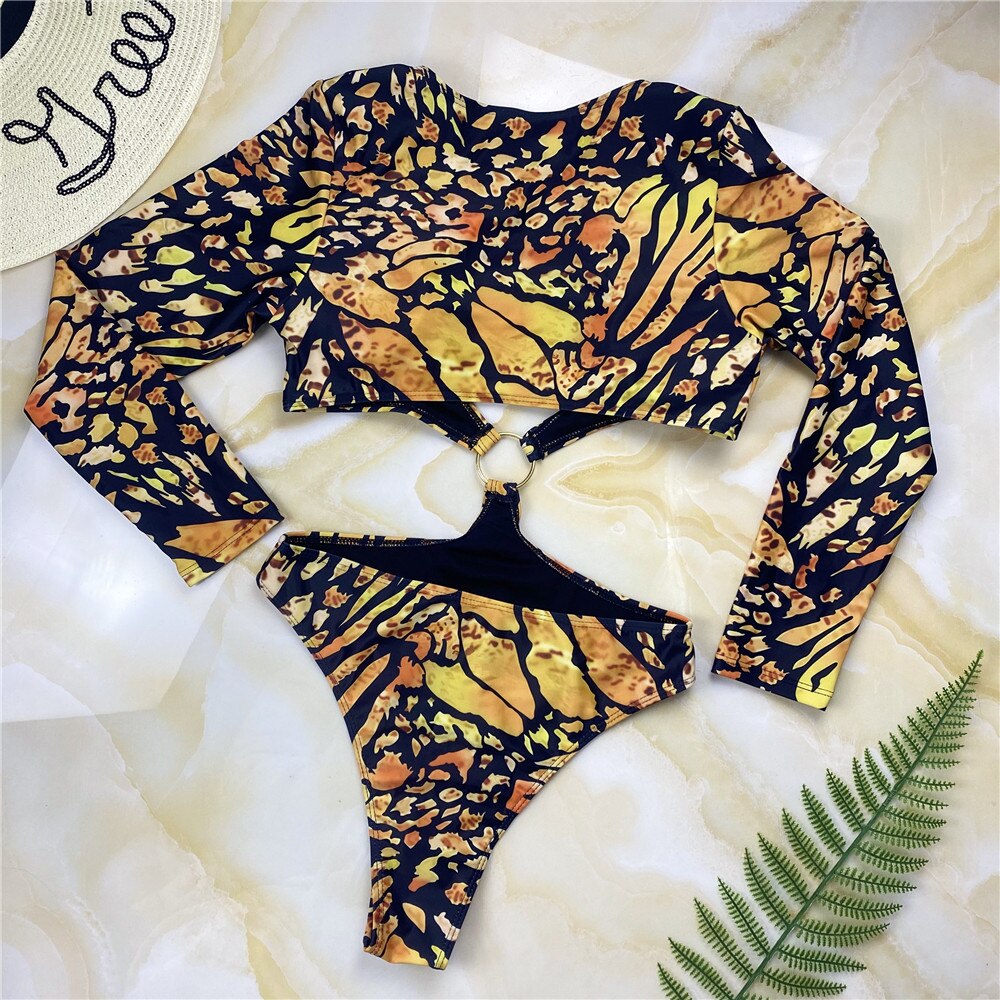 African Print Long Sleeves Monokini Summer Plunge One Piece Swimsuit Cut Out Bodysuit Ring Bathing Suit Womens Swimwear Maillot