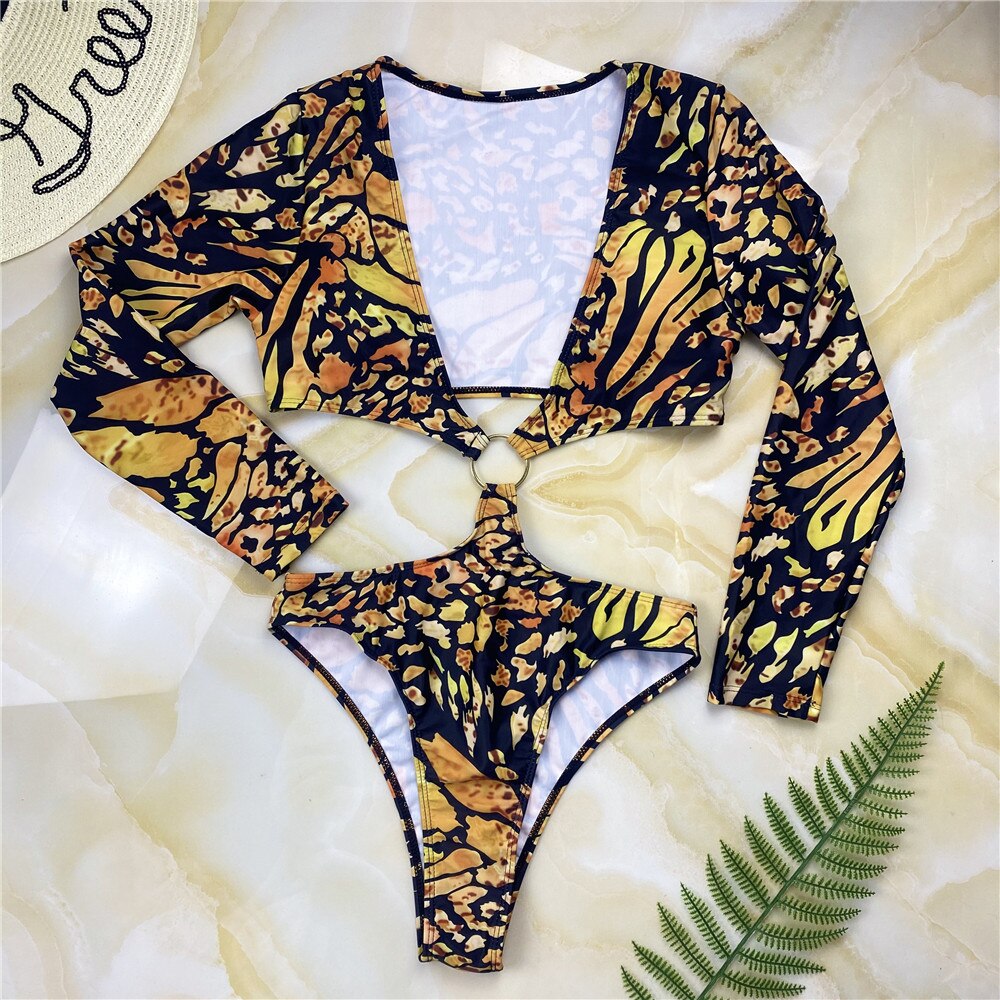 African Print Long Sleeves Monokini Summer Plunge One Piece Swimsuit Cut Out Bodysuit Ring Bathing Suit Womens Swimwear Maillot