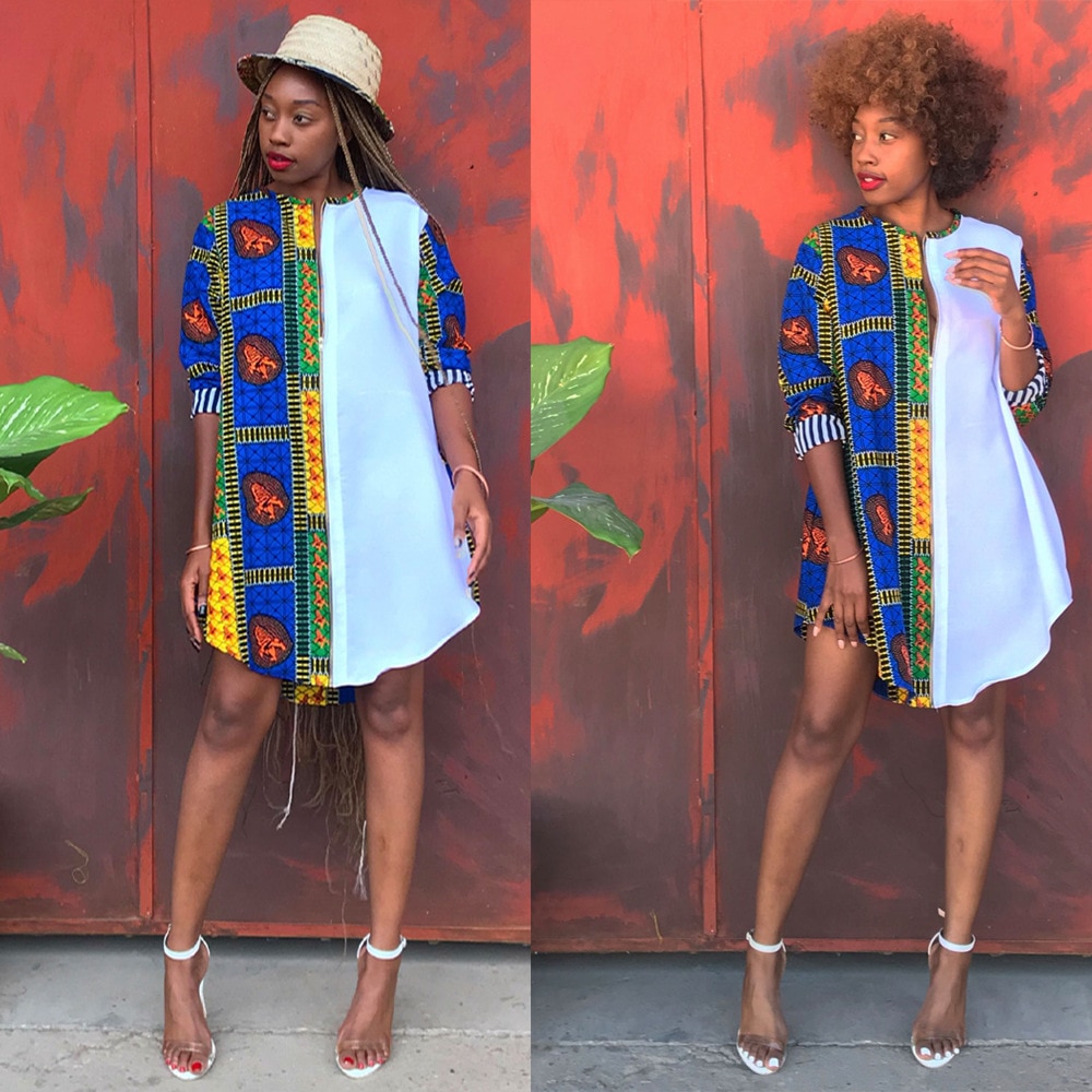 2022 African Dashiki Shirt Dresses for Women Plus Size Fashion Long Shirt Print Patchwork Ethnic Clothes Ankara Top Maxi Vestido