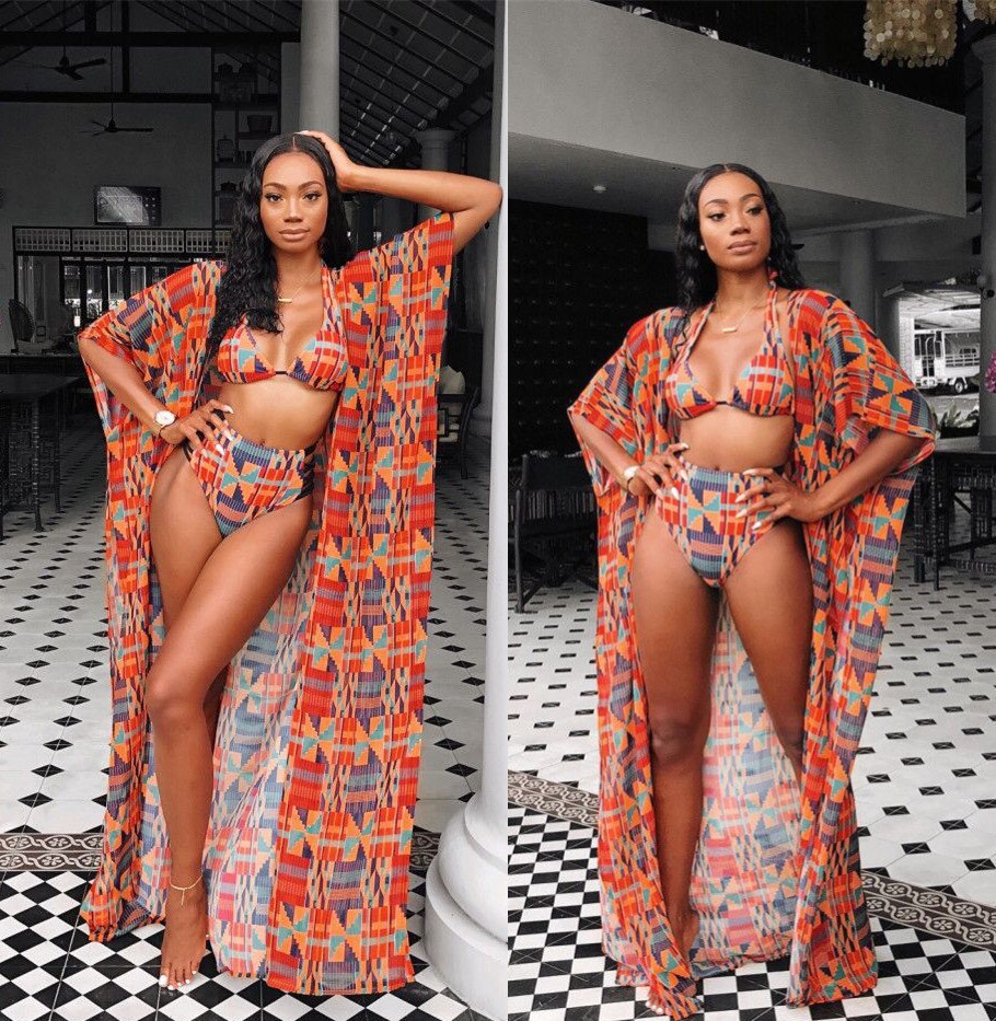 Fashion African Clothes Women Dahsiki Summer 3Pcs Bikini Suit Robe Africaine African Dresses Ethnic Ladies Swimsuit Clothing