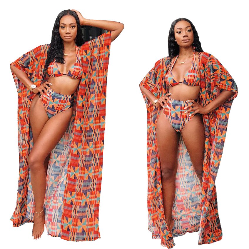 Fashion African Clothes Women Dahsiki Summer 3Pcs Bikini Suit Robe Africaine African Dresses Ethnic Ladies Swimsuit Clothing