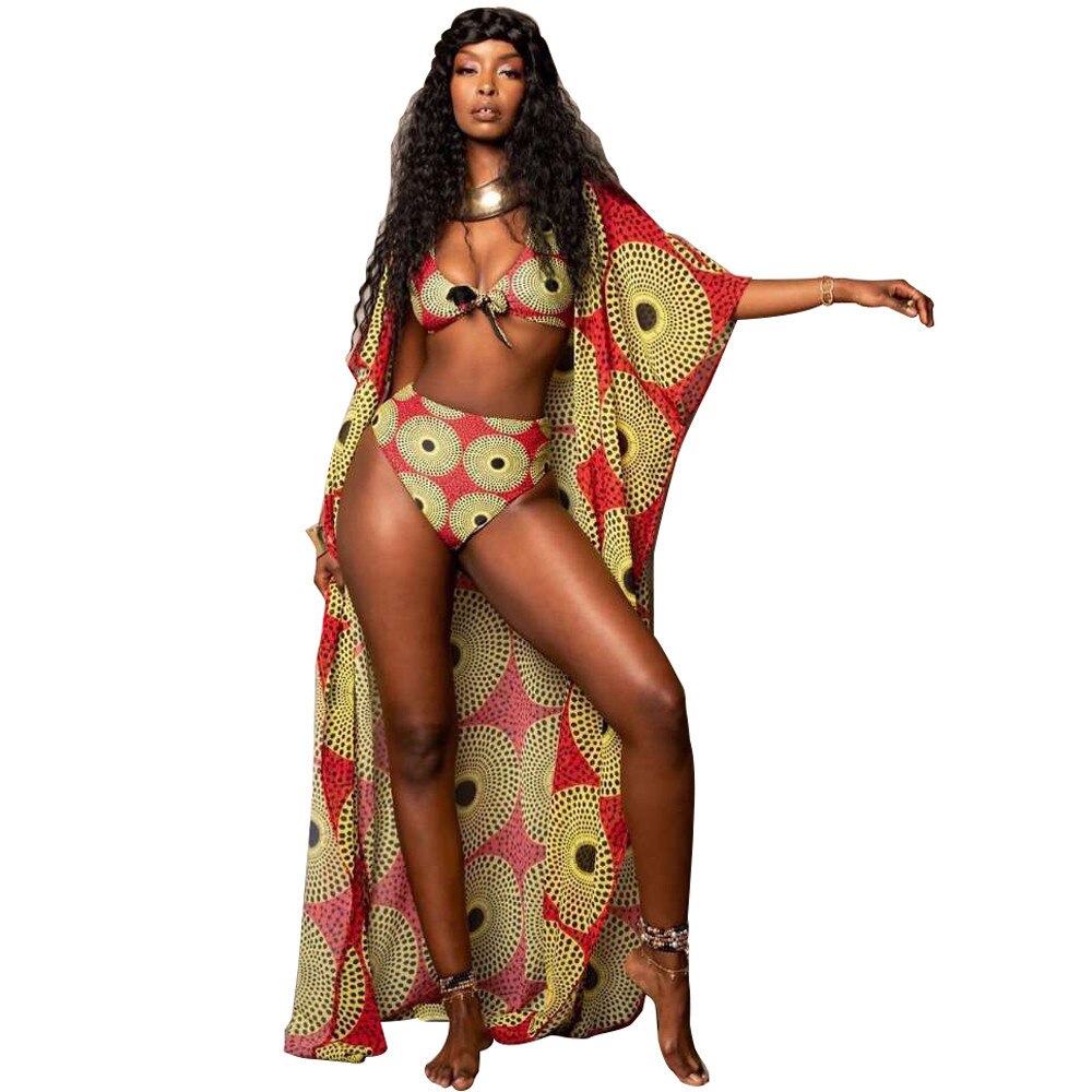 Fashion African Clothes Women Dahsiki Summer 3Pcs Bikini Suit Robe Africaine African Dresses Ethnic Ladies Swimsuit Clothing