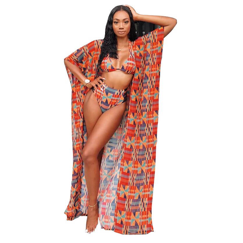 Fashion African Clothes Women Dahsiki Summer 3Pcs Bikini Suit Robe Africaine African Dresses Ethnic Ladies Swimsuit Clothing